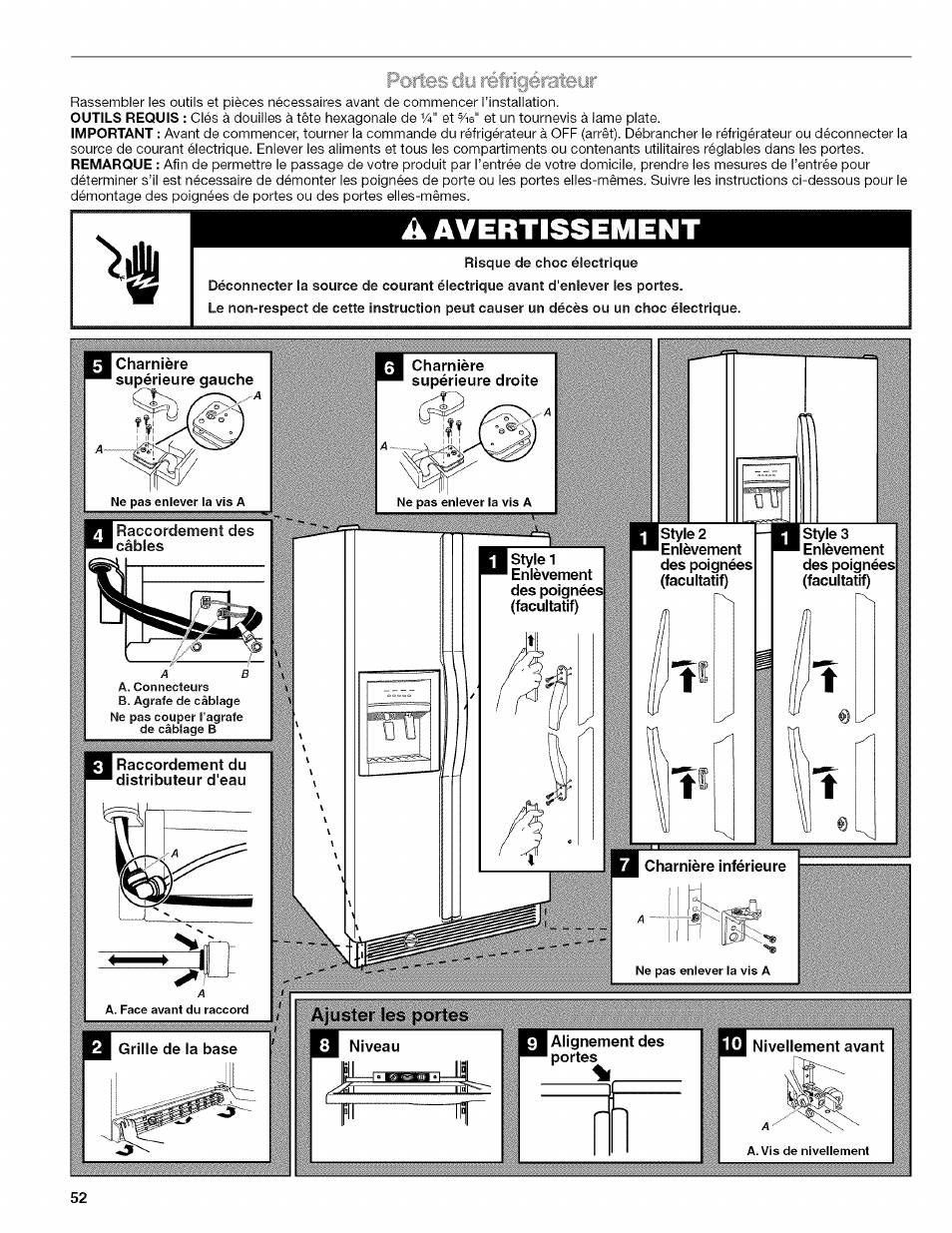Portes du réfrigérateur, A avertissement | Kenmore WIOI67097A User Manual | Page 52 / 72