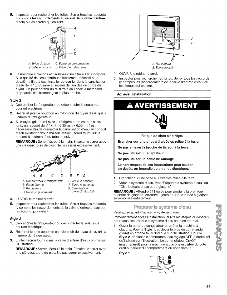 Achever l’installation, A avertissement | Kenmore WIOI67097A User Manual | Page 55 / 72