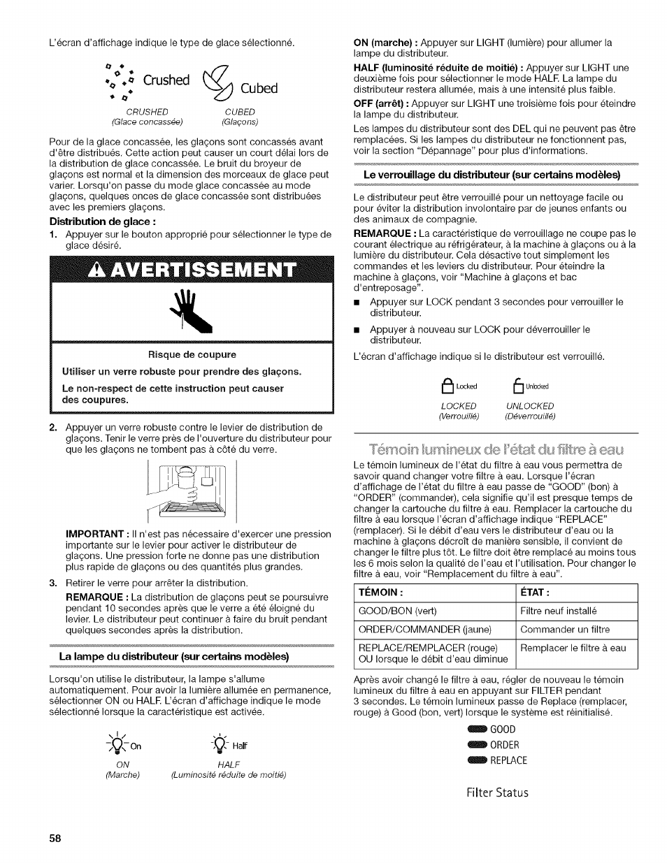 Distribution de glace, La lampe du distributeur (sur certains modèles), Ïfrioli | Il fiftre a, O crushed, Cubed | Kenmore WIOI67097A User Manual | Page 58 / 72