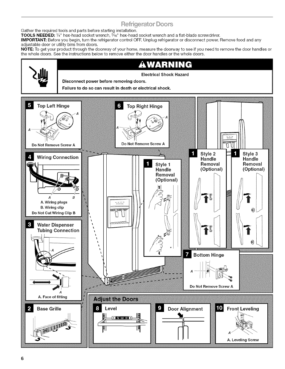 Refrigerator doors, Cjly, Awarning | Kenmore WIOI67097A User Manual | Page 6 / 72