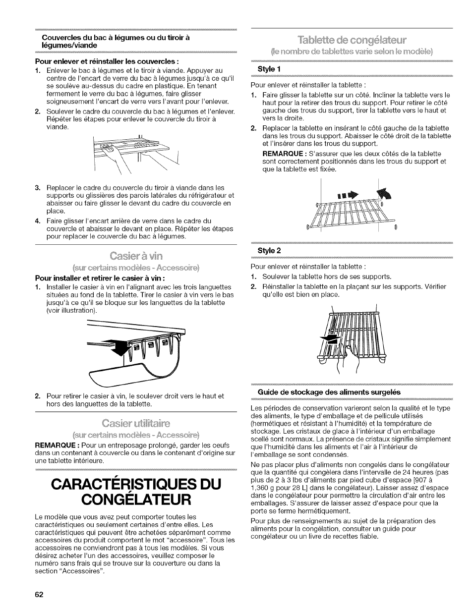 Tablette de, Pour enlever et réinstaller les couvercles, Pour installer et retirer le casier à vin | Caracteristiques du congélateur, Style 1, Style 2, Guide de stockage des aliments surgelés, Caractéristiques du congélateur | Kenmore WIOI67097A User Manual | Page 62 / 72