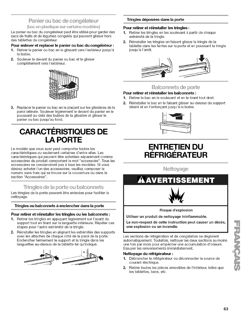 Caractéristiques de laporte, Ïringies cie la porte oy i, Tringles ou balconnets à enclencher dans la porte | Tringles déposées dans la porte, Pour retirer et réinstaller les tringles, Pour retirer et réinstaller les balconnets, Entretien du réfrigérateur, Nettoyage, Caractéristiques de la porte | Kenmore WIOI67097A User Manual | Page 63 / 72