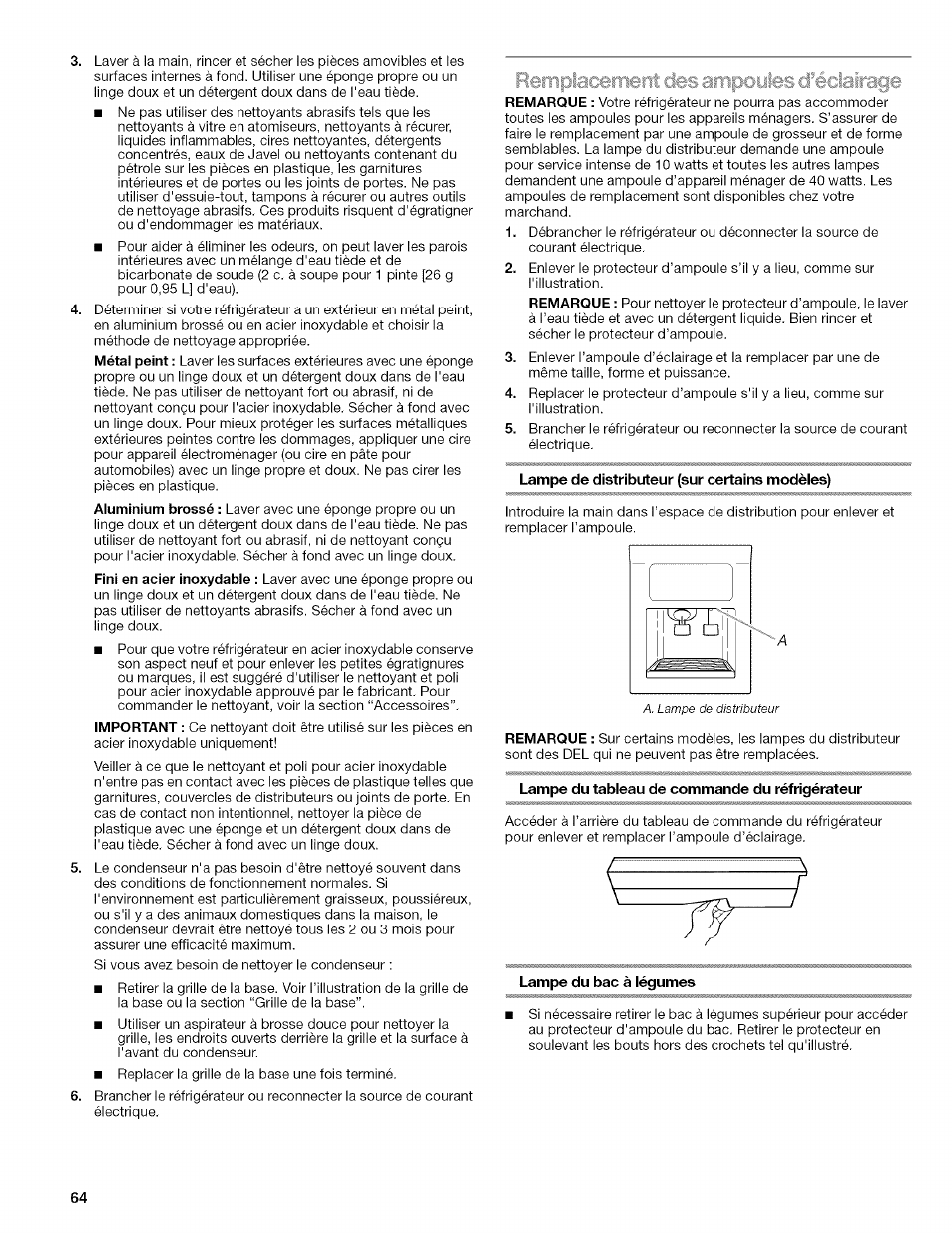 Lampe de distributeur (sur certains modèles), Lampe du tableau de commande du réfrigérateur, Lampe du bac à légumes | Kenmore WIOI67097A User Manual | Page 64 / 72