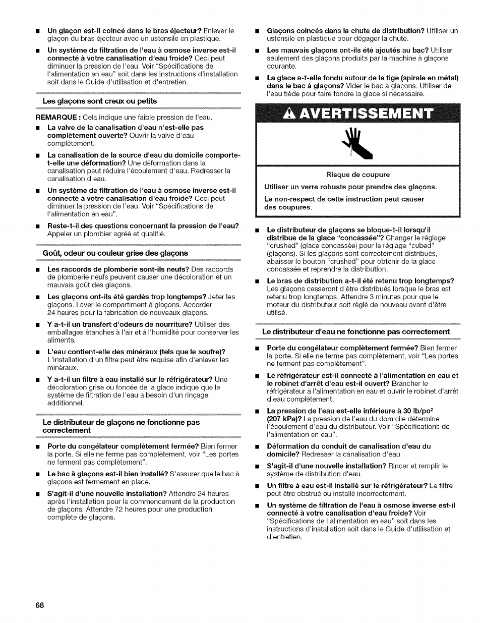 Les glaçons sont creux ou petits, Goût, odeur ou couleur grise des glaçons | Kenmore WIOI67097A User Manual | Page 68 / 72