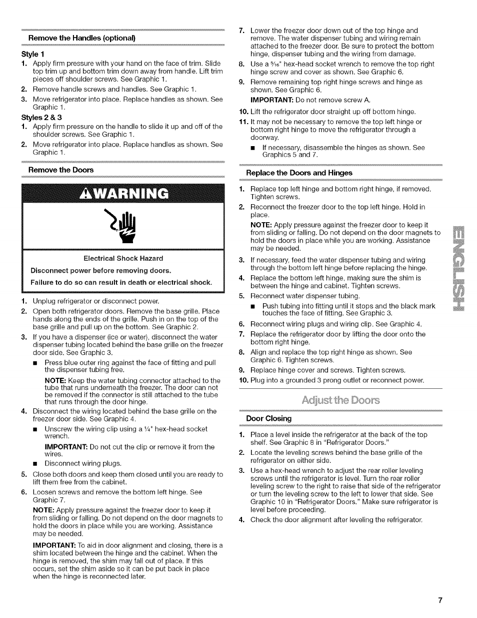 Remove the handles (optional), Style 1, Remove the doors | Warning, Replace the doors and hinges, Door closing | Kenmore WIOI67097A User Manual | Page 7 / 72