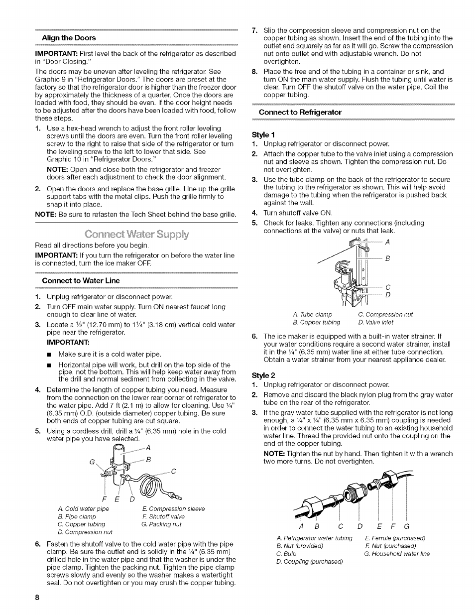 Align the doors, Connect to water line, Connect to refrigerator | Kenmore WIOI67097A User Manual | Page 8 / 72