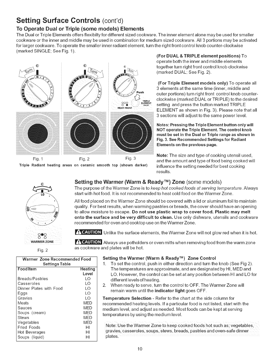 To operate dual or triple {some models) elements, Setting the warmer (warm & ready™) zone control, Setting suiface controls (cont'd) | Kenmore 790.9446 User Manual | Page 10 / 42