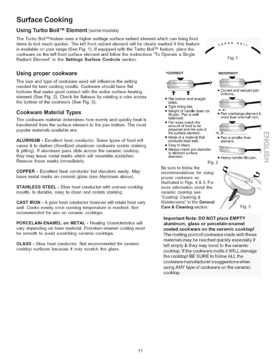 Surface cooking, Using turbo boil™ element (some models), Using proper cookware | Cookware material types, Using turbo boil™ element | Kenmore 790.9446 User Manual | Page 11 / 42