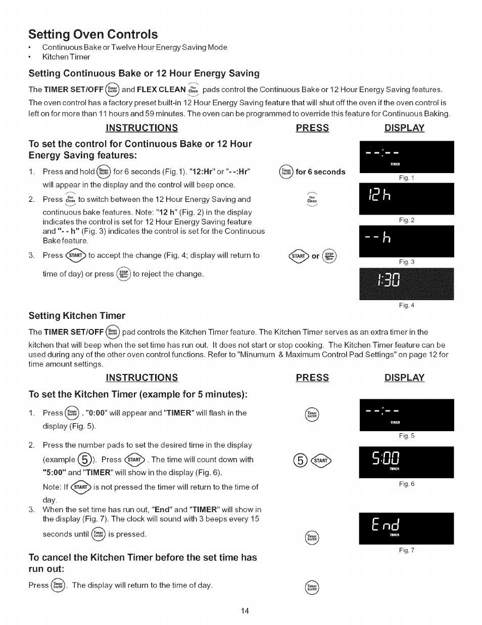 Setting oven controls, Instructions press display, Setting kitchen timer | Instructions, Press, Display, To set the kitchen timer (example for 5 minutes), Before setting oven controls -8 | Kenmore 790.9446 User Manual | Page 14 / 42