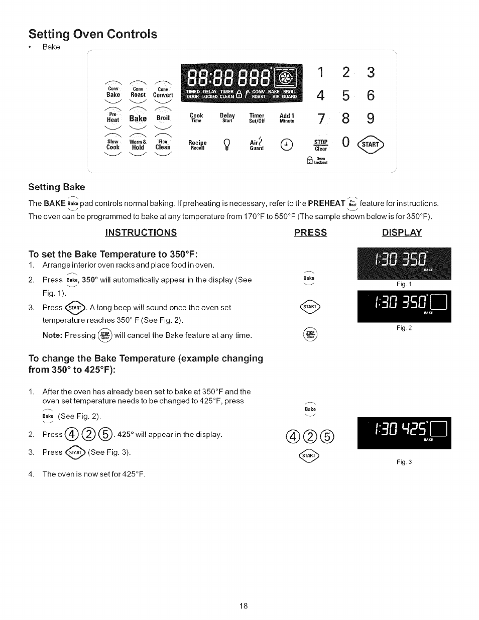 Instructions, To set the bake temperature to 350°f, Press | Display, Dfi dcn" ■ju j ju, Éifiélèftel, Ju j ju, Setting oven controls | Kenmore 790.9446 User Manual | Page 18 / 42