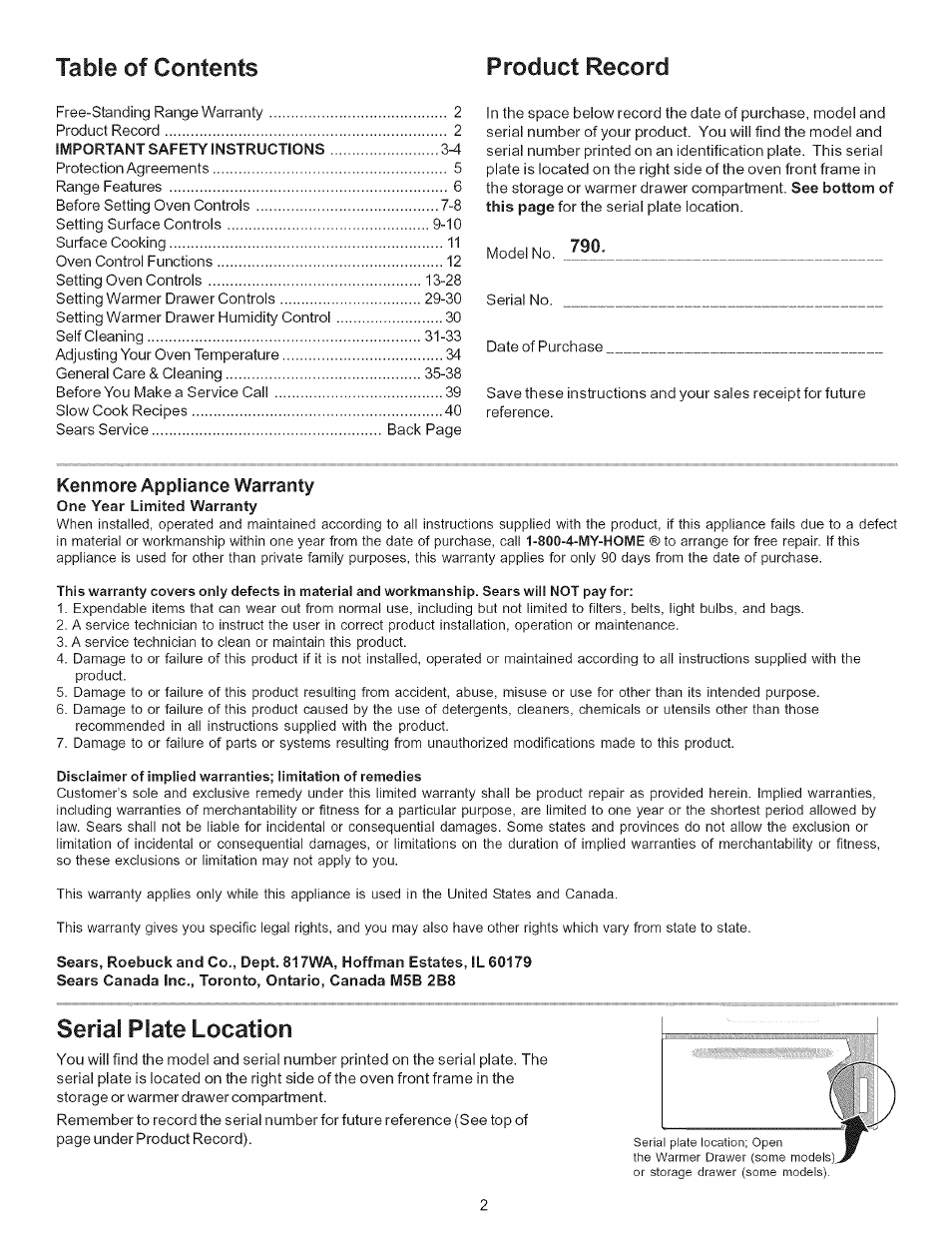 Kenmore appliance warranty, Table of contents product record, Serial plate location | Kenmore 790.9446 User Manual | Page 2 / 42
