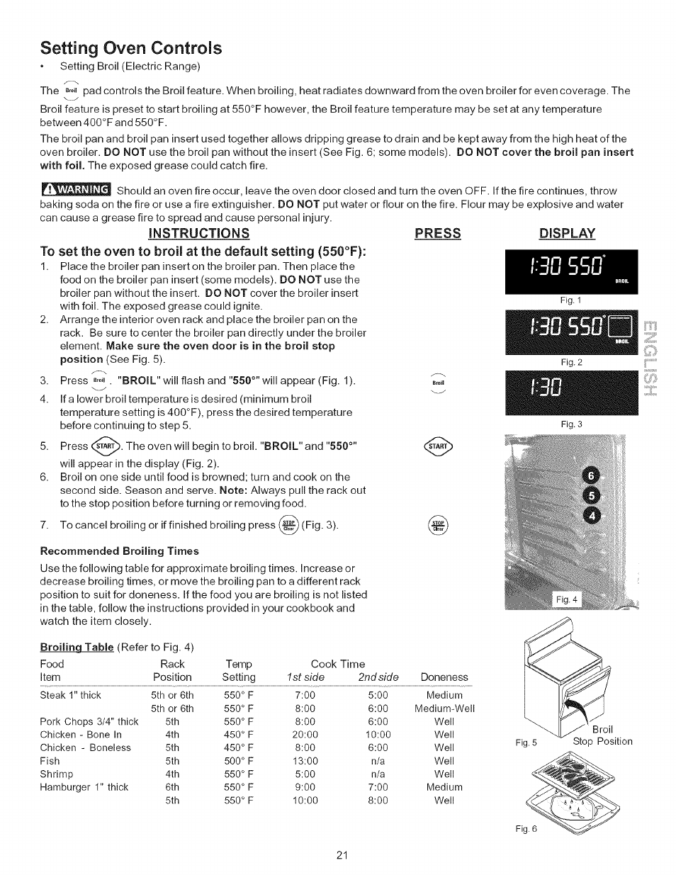 A warning, Instructions press, Display | 30 550'd, Setting oven controls | Kenmore 790.9446 User Manual | Page 21 / 42