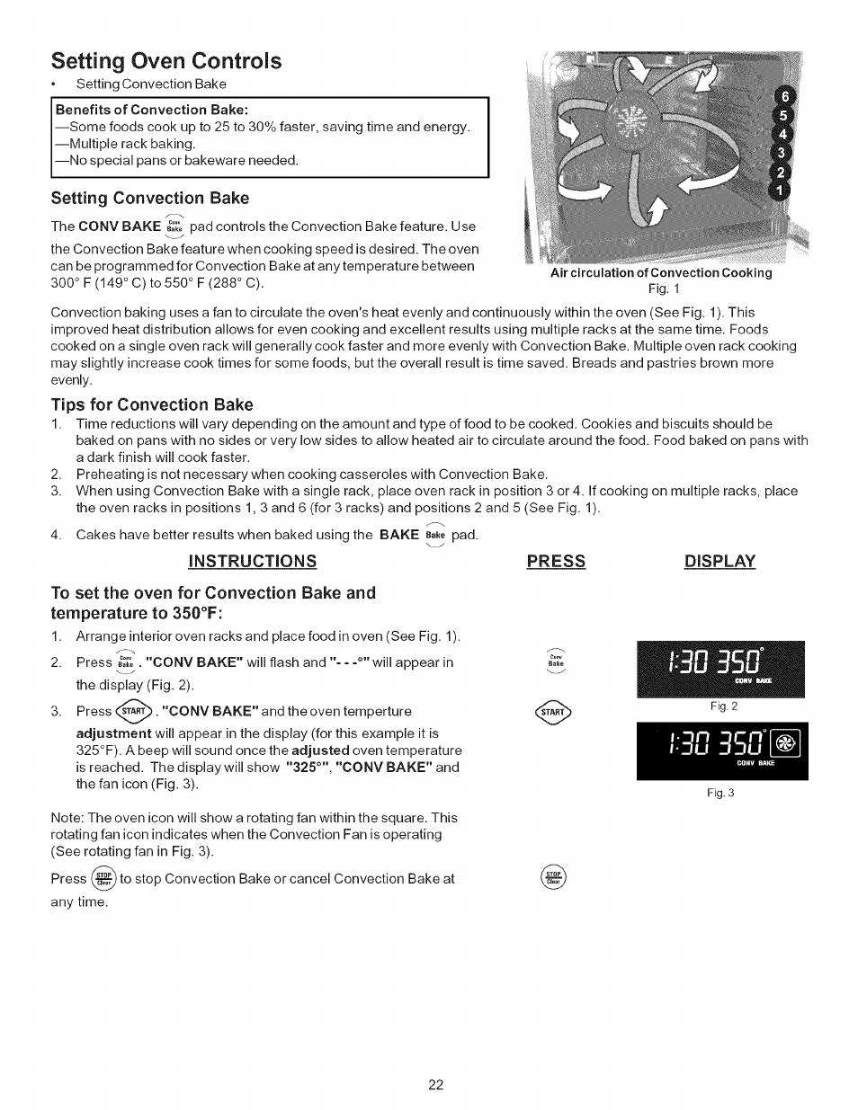 Benefits of convection bake, Setting convection bake, Tips for convection bake | Instructions, Press, Display, 3d35d, Setting oven controls | Kenmore 790.9446 User Manual | Page 22 / 42