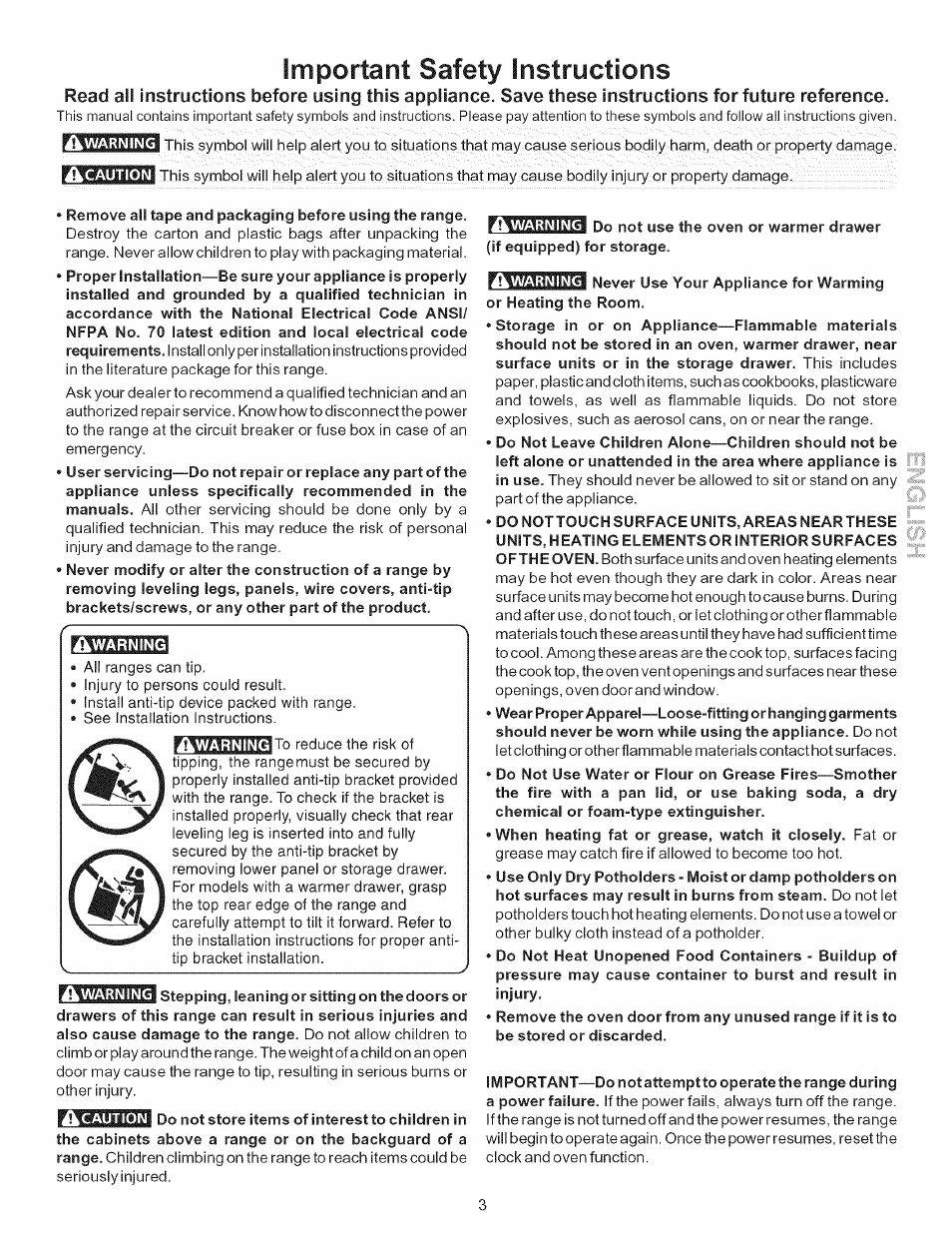 A warning, Warning, Caution | À warning, Important safety instructions | Kenmore 790.9446 User Manual | Page 3 / 42