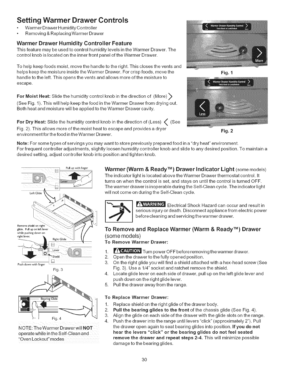 Setting warmer drawer controls, To replace warmer drawer, Setting warmer drawer humidity control | Kenmore 790.9446 User Manual | Page 30 / 42