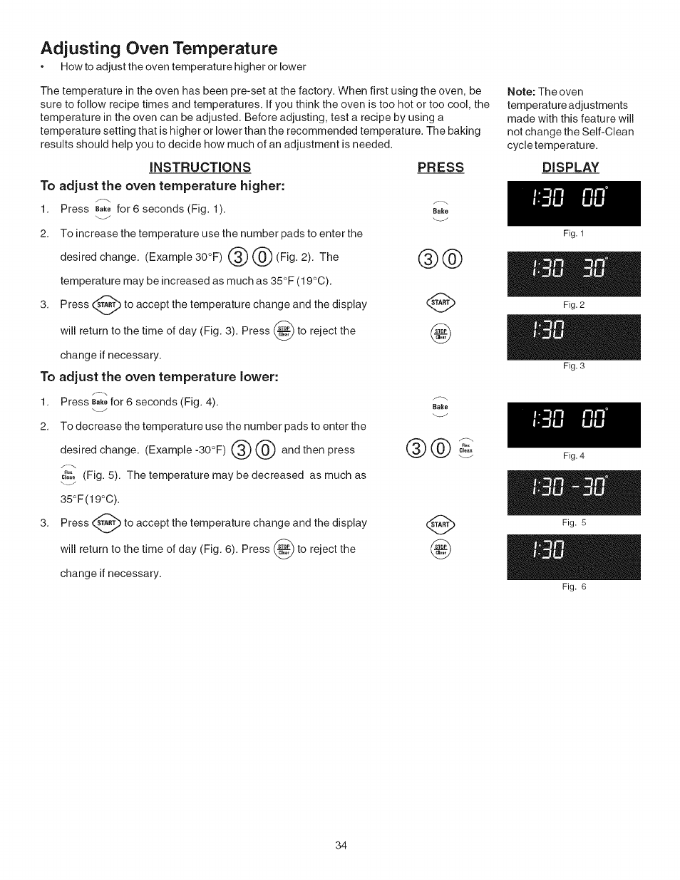 Adjusting oven temperature, Instructions, To adjust the oven temperature higher | To adjust the oven temperature lower, Adjusting your oven temperature, Ju du, U uu, Jn jn | Kenmore 790.9446 User Manual | Page 34 / 42