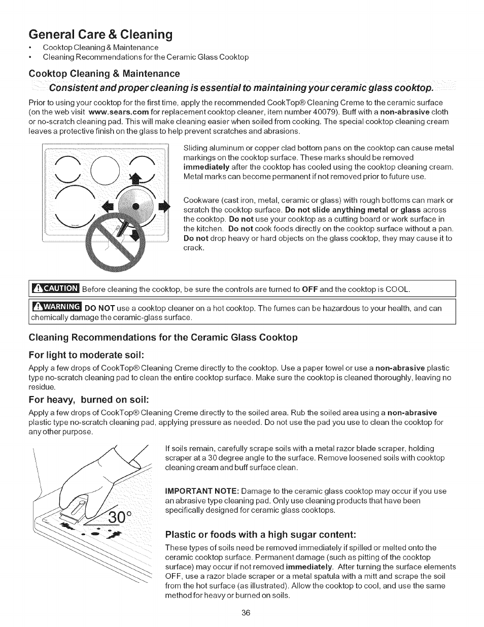 Cooktop cleaning & maintenance, For heavy, burned on soil, Plastic or foods with a high sugar content | General care & cleaning | Kenmore 790.9446 User Manual | Page 36 / 42