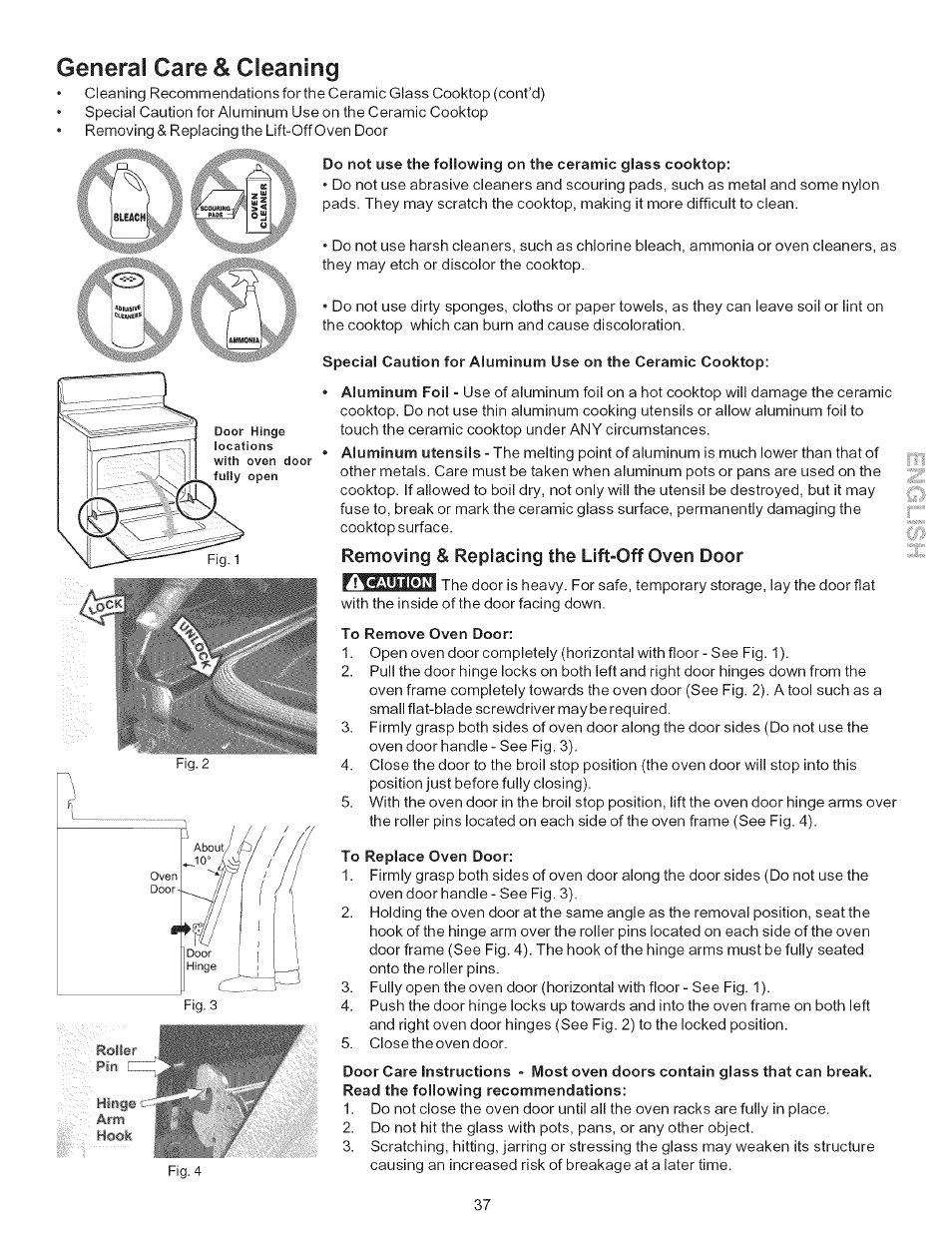 Removing & replacing the lift-off oven door, To remove oven door, To replace oven door | Care & cleaning, General | Kenmore 790.9446 User Manual | Page 37 / 42