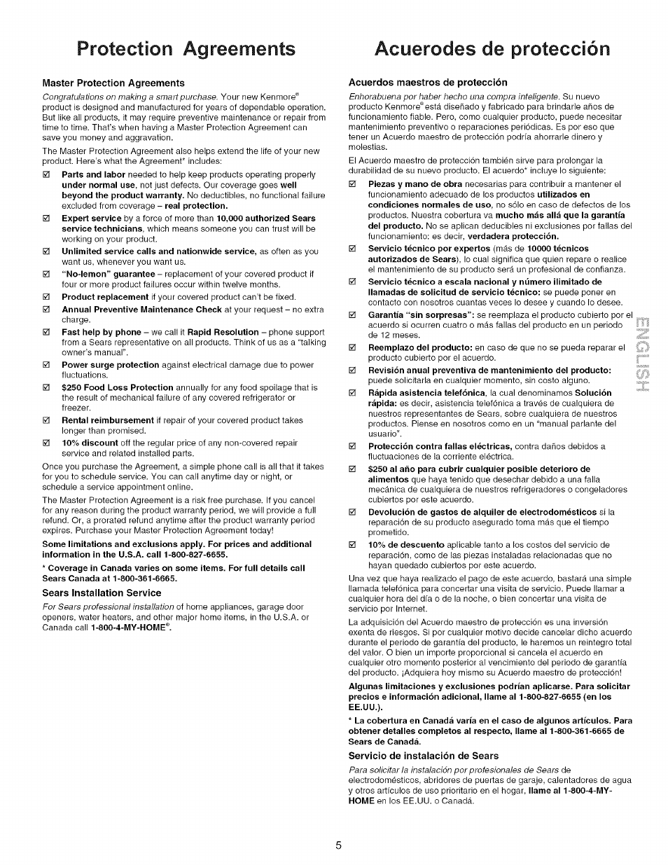 Protection agreements acuerodes de protección | Kenmore 790.9446 User Manual | Page 5 / 42