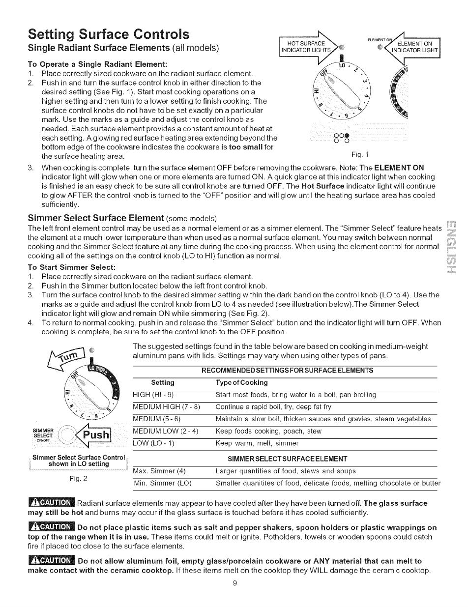 To operate a single radiant element, Simmer select surface element (some models), To start simmer select | Setting surface controls, Single radiant surface elements (all models), Simmer select surface element | Kenmore 790.9446 User Manual | Page 9 / 42