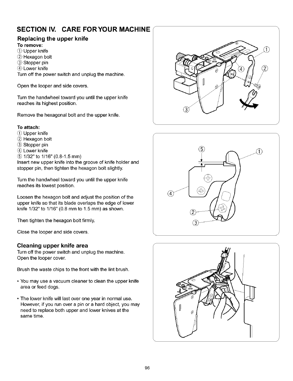 Section iv. care foryour machine, Replacing the upper knife, To attach | Cleaning upper knife area | Kenmore 385.166551 User Manual | Page 104 / 113