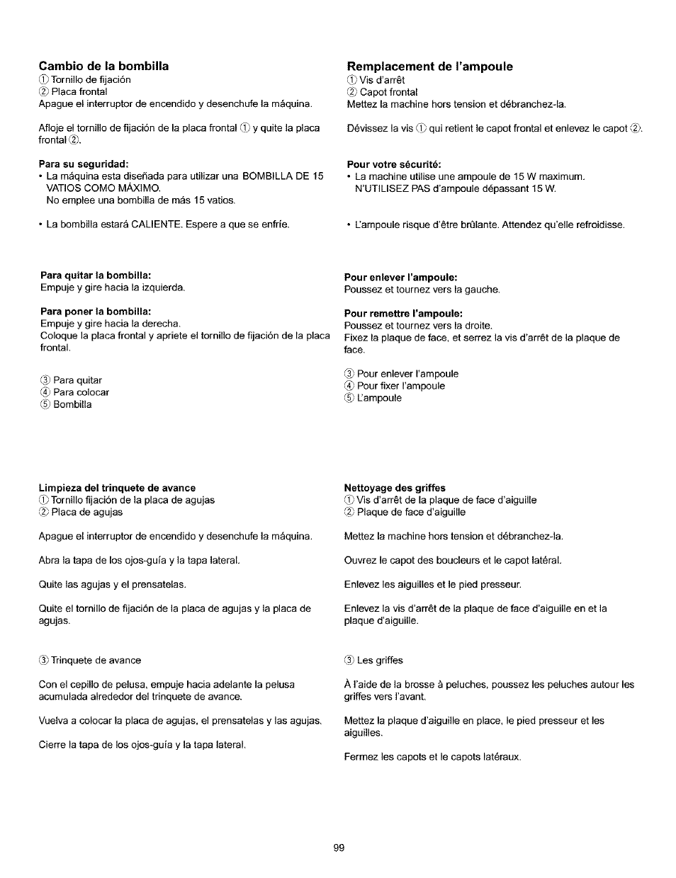 Cambio de la bombilla, Remplacement de tampoule, Remplacement de l’ampoule | Kenmore 385.166551 User Manual | Page 107 / 113