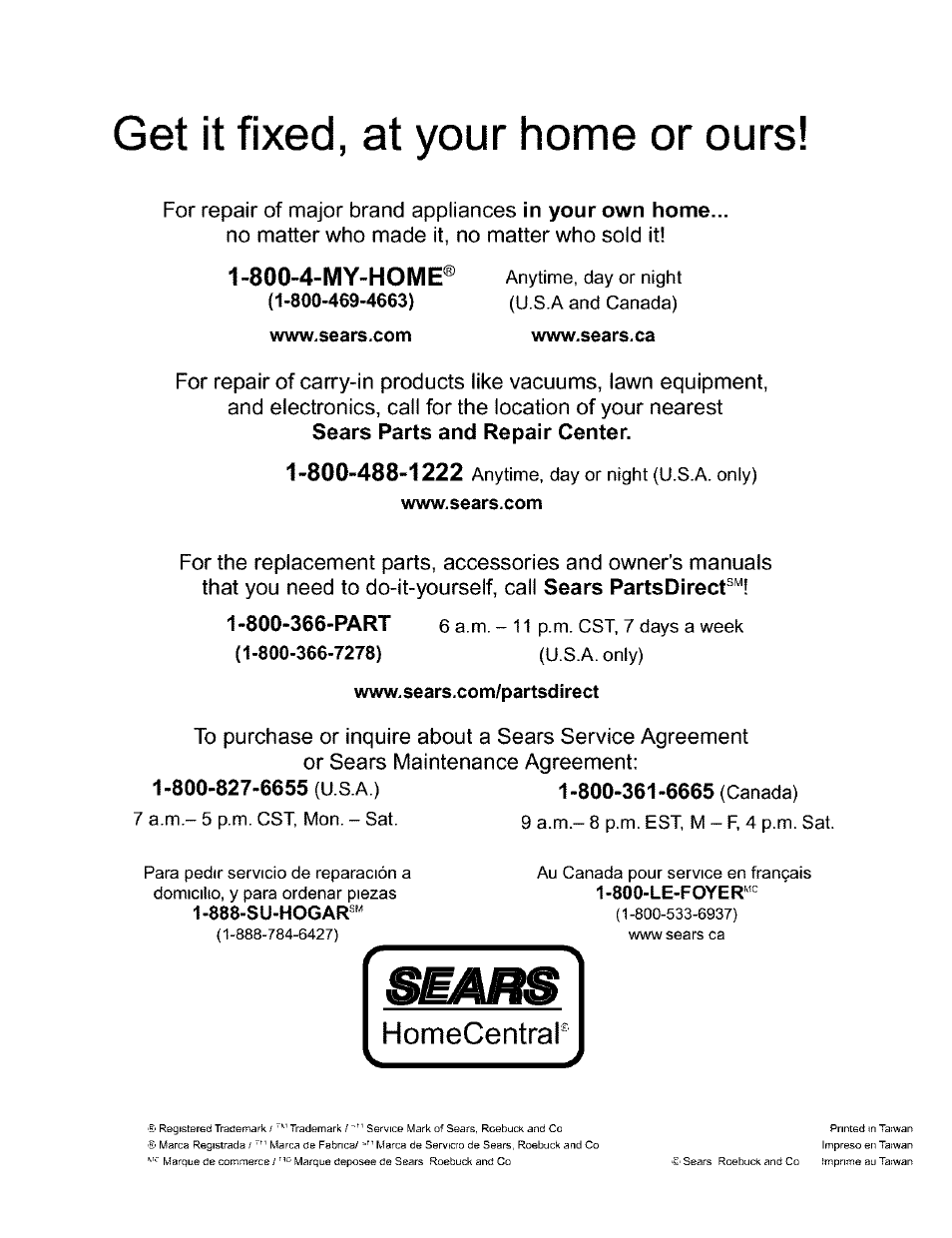 Www.sears.com, Www.sears.com/partsdlrect, 800-827-6655 (u.s.a.) 1-800-361-6665 (canada) | Get it fixed, at your home or ours, 800-4-my-home | Kenmore 385.166551 User Manual | Page 113 / 113