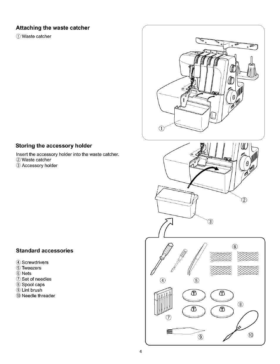 Attaching the waste catcher, Storing the accessory holder, Standard accessories | Kenmore 385.166551 User Manual | Page 12 / 113