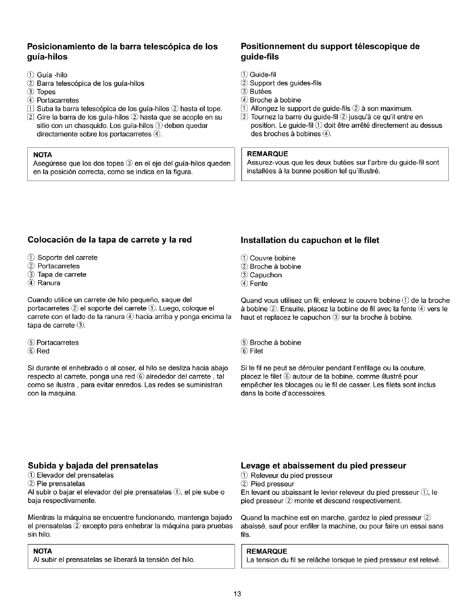 Colocación de la tapa de carrete y la red, Subida y bajada del prénsatelas, Levage et abaissement du pied presseur | Kenmore 385.166551 User Manual | Page 21 / 113