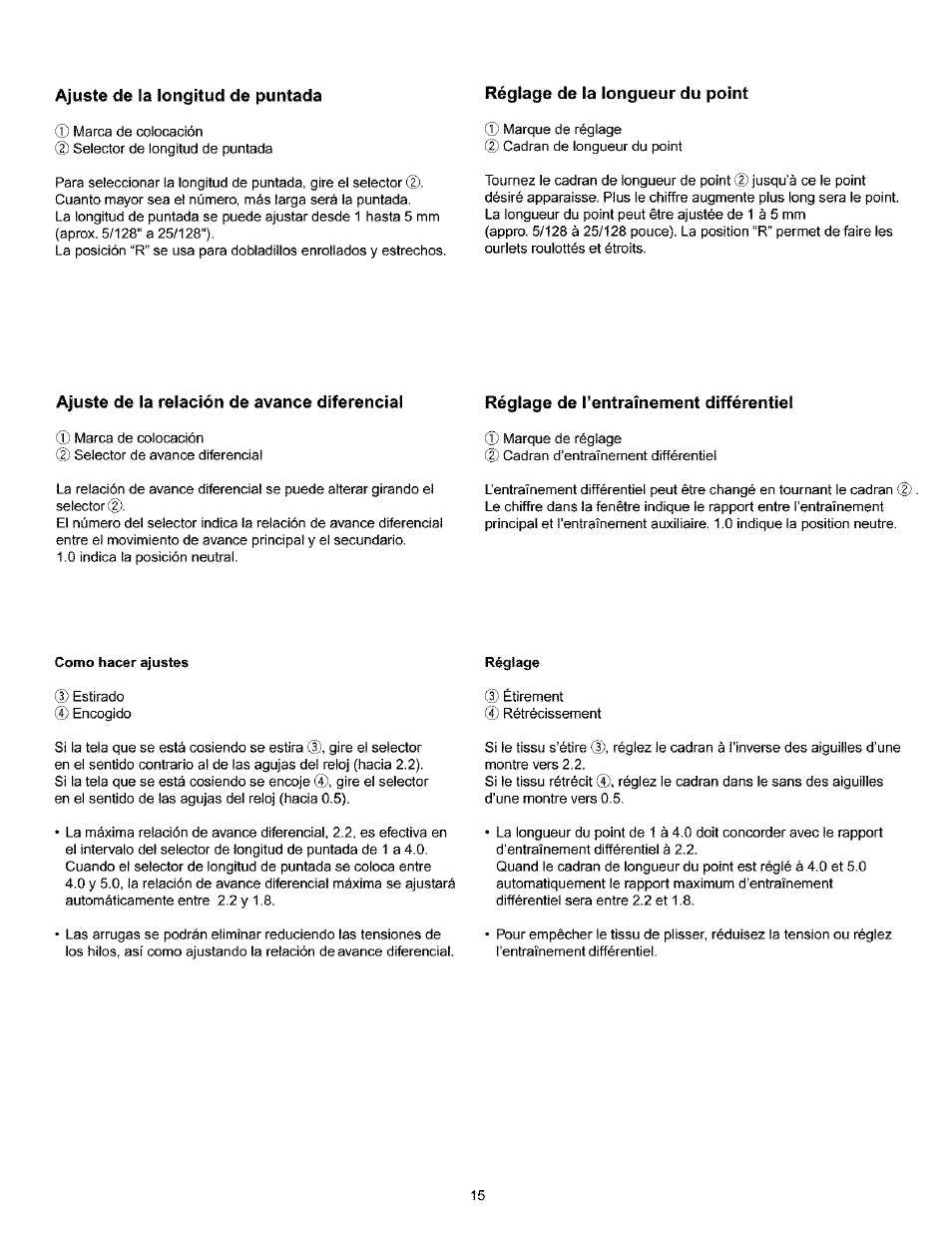 Ajuste de la longitud de puntada, Réglage de la longueur du point, Ajuste de la relación de avance diferencial | Réglage de l’entraînement différentiel | Kenmore 385.166551 User Manual | Page 23 / 113