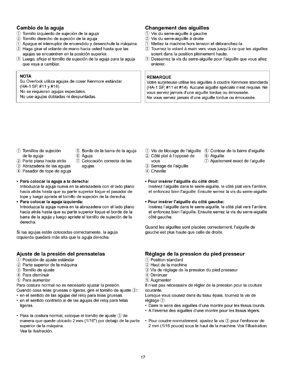 Cambio de la aguja, Changement des aiguilles, Ajuste de la presión del prénsatelas | Réglage de la pression du pied presseur | Kenmore 385.166551 User Manual | Page 25 / 113