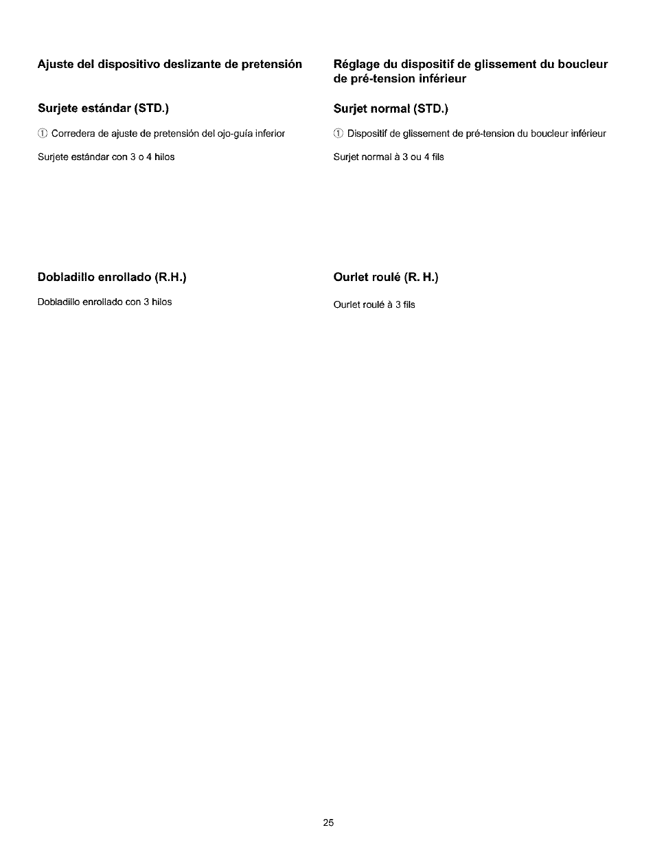 Surjet normal (std.), Dobladillo enrollado (r-h.), Dobladillo enrollado | Ajuste del dispositivo deslizante de pretensión | Kenmore 385.166551 User Manual | Page 33 / 113