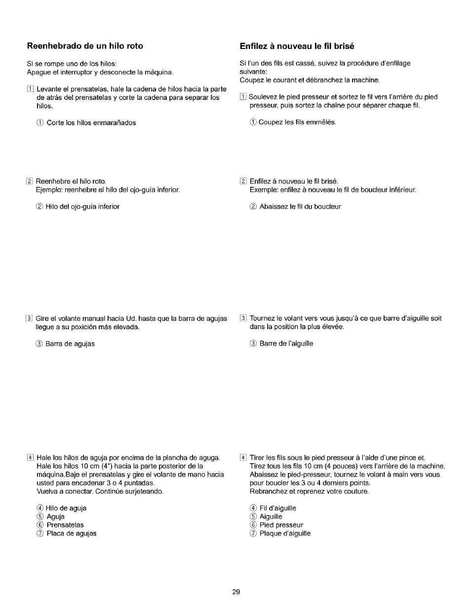 Reenhebrado de un hilo roto, Enfilez à nouveau le fil brisé | Kenmore 385.166551 User Manual | Page 37 / 113