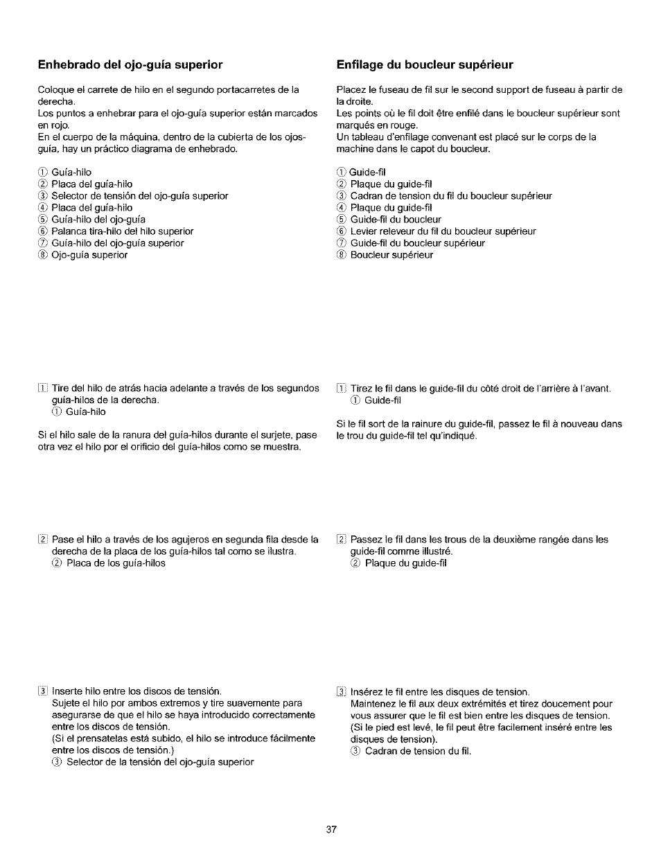 Enhebrado del ojo-guía superior, Enfilage du boudeur supérieur, Enhebrado del ojo-guía inferior -33 | Enfilage du boudeur inférieur -33 | Kenmore 385.166551 User Manual | Page 45 / 113