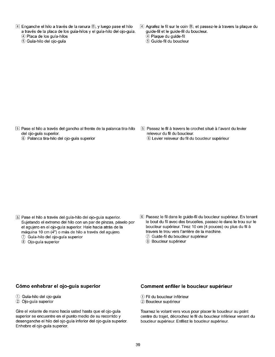 Cómo enhebrar el ojo-guía superior, Comment enfiler le boudeur supérieur, Enhebrado del ojo-guía superior -39 | Enfilage du boudeur supérieur -39 | Kenmore 385.166551 User Manual | Page 47 / 113