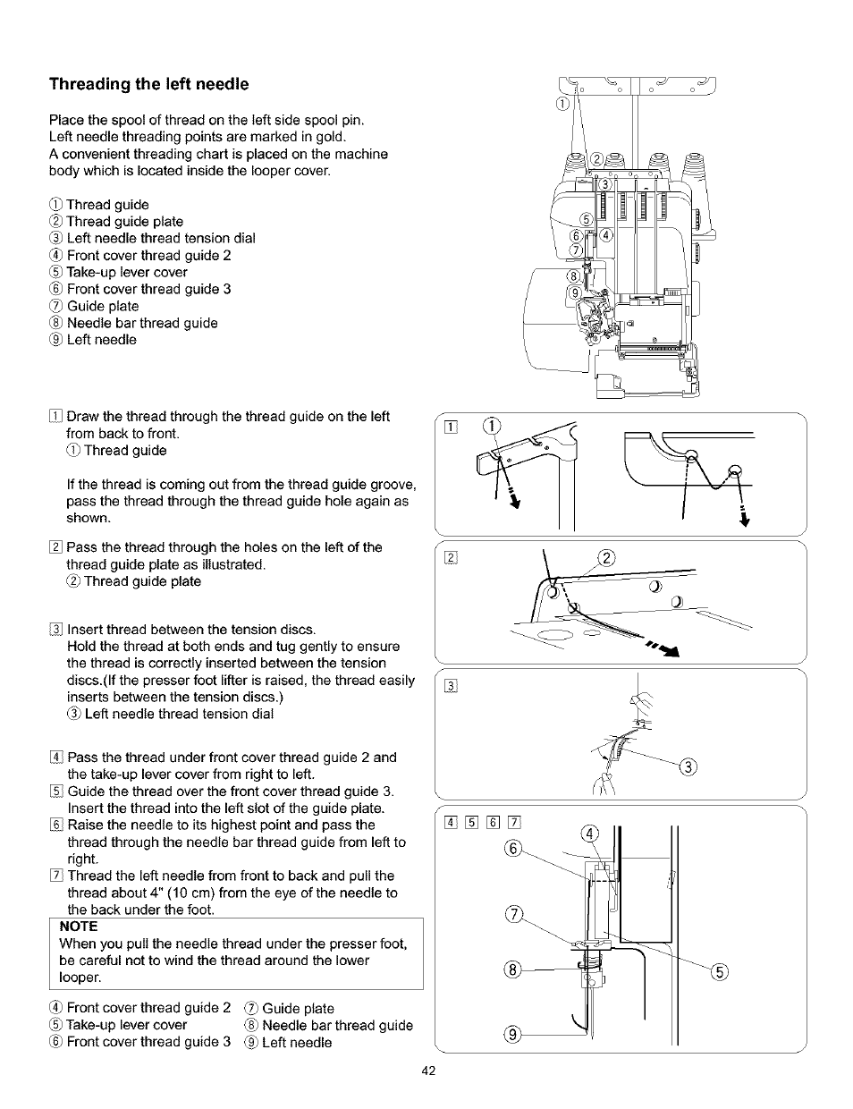 Threading the left needle, Note | Kenmore 385.166551 User Manual | Page 50 / 113