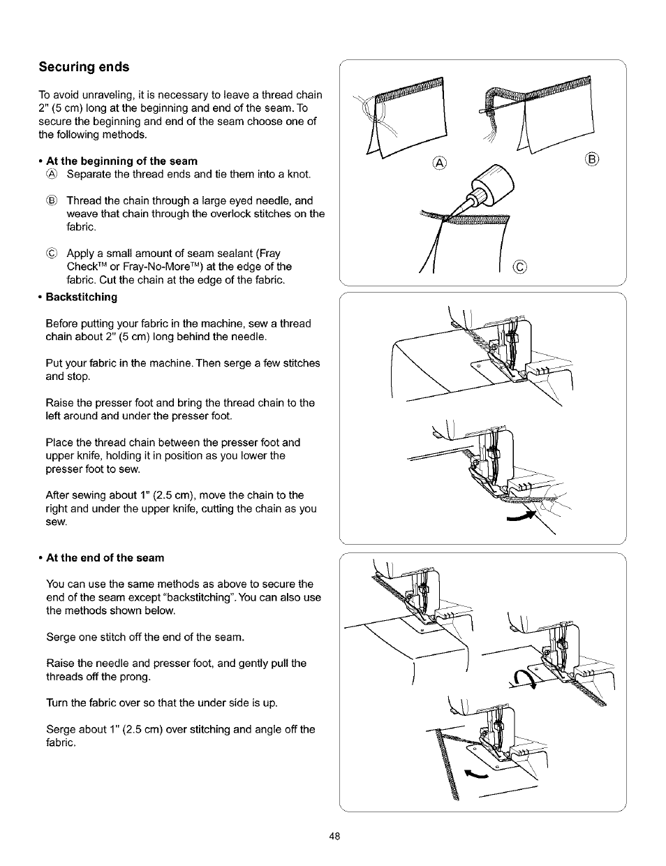 Securing ends, At the beginning of the seam, At the end of the seam | Securing ends • at the beginning of the seam | Kenmore 385.166551 User Manual | Page 56 / 113