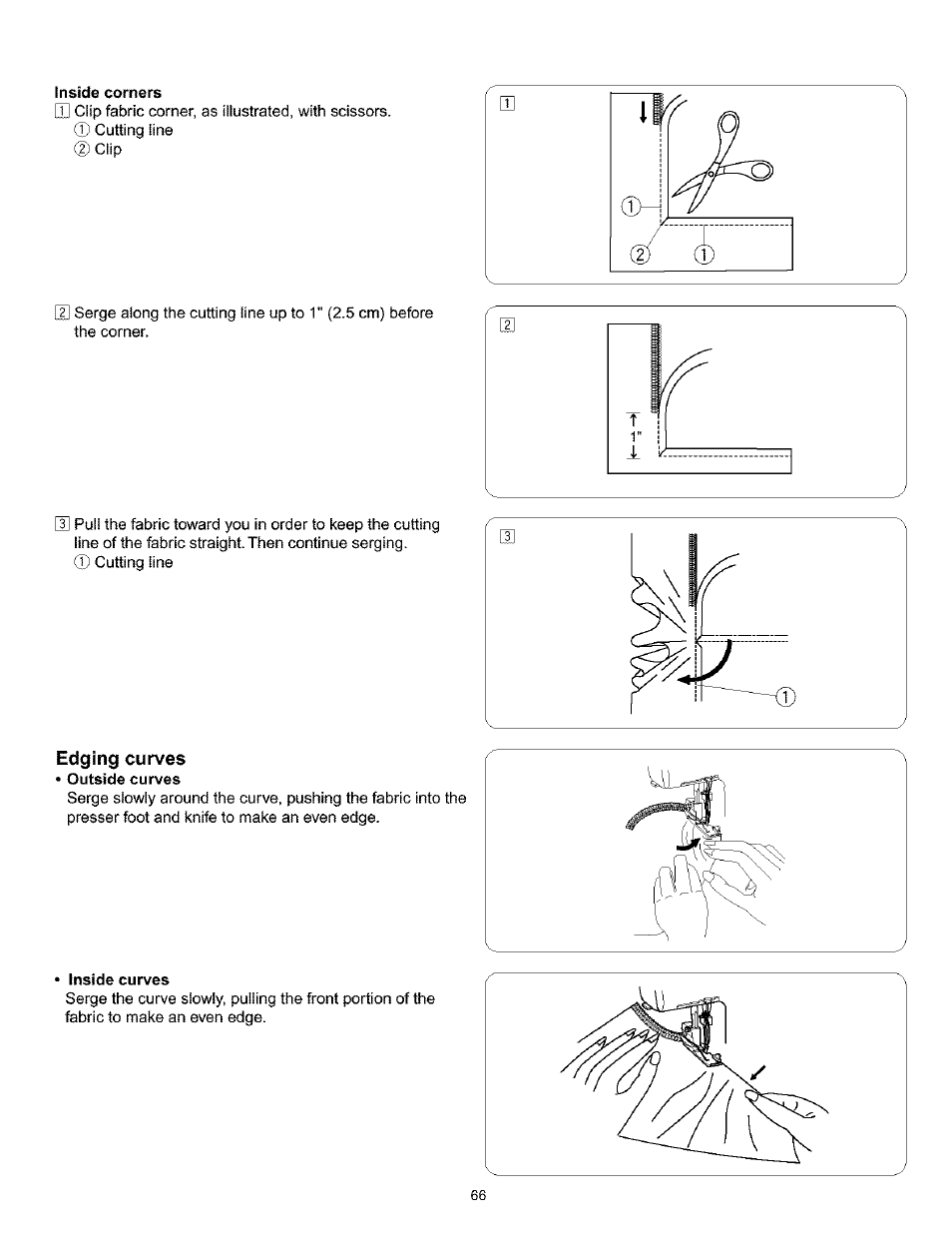 Inside corners, Edging curves, Inside curves | Kenmore 385.166551 User Manual | Page 74 / 113