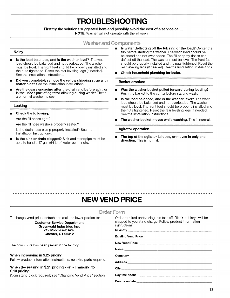 Troubleshooting, New vend price | Kenmore 3948598A User Manual | Page 13 / 16