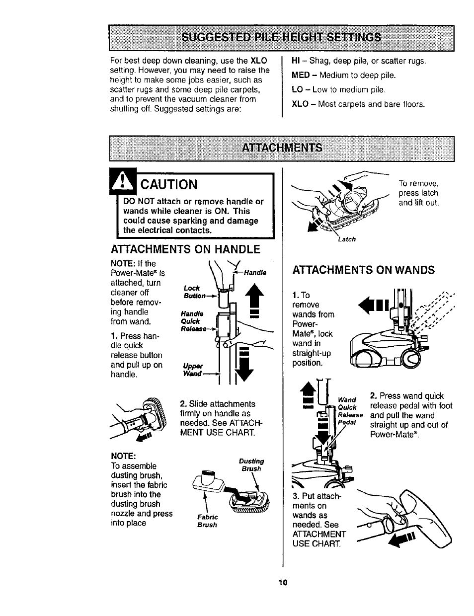 Suggested pile height settings, Attachments, Caution | Attachments on handle, Attachments on wands | Kenmore POWER-MATE 116.24614 User Manual | Page 10 / 21