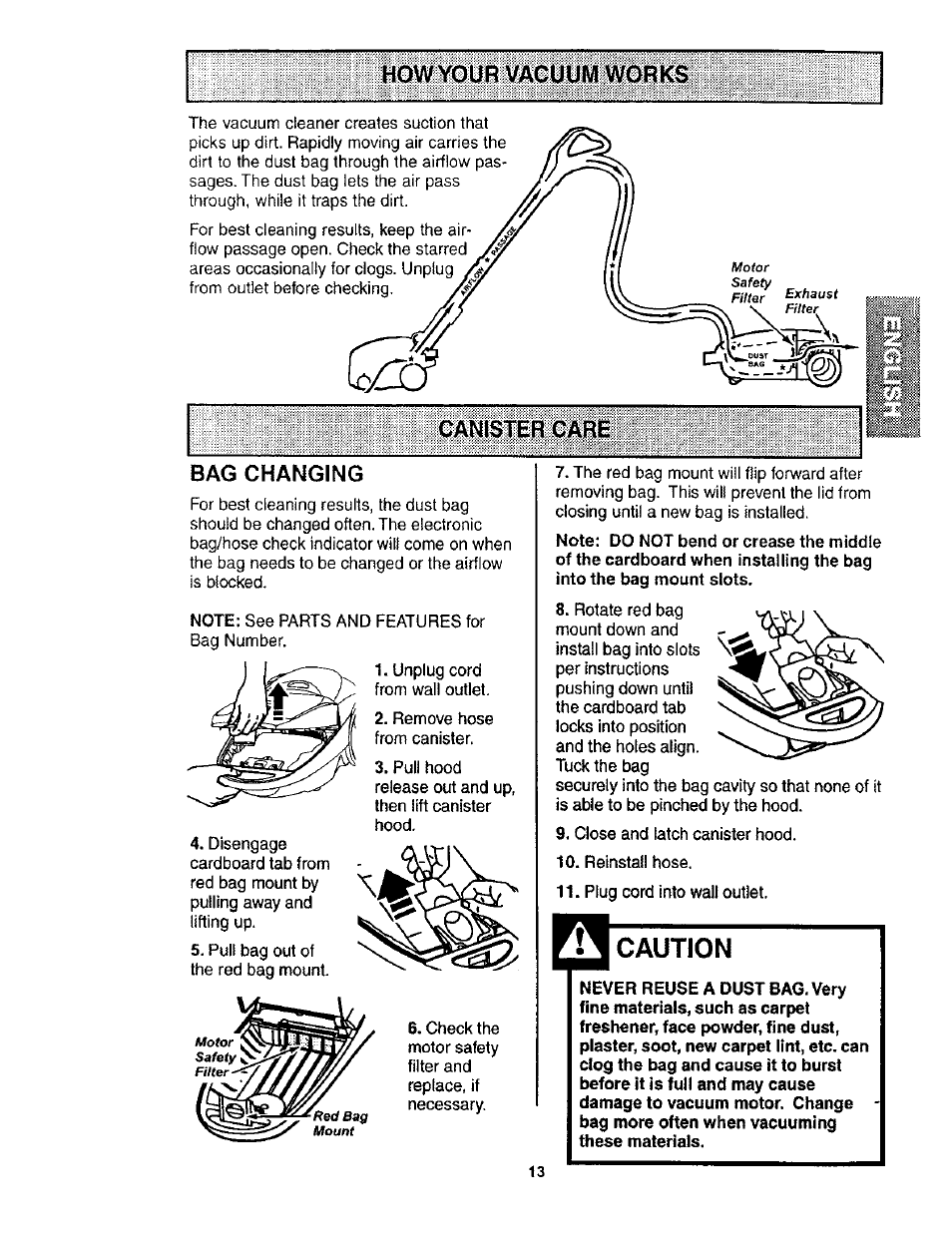 How your vacuum works, Bag changing, Caution | Kenmore POWER-MATE 116.24614 User Manual | Page 13 / 21