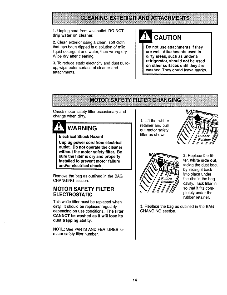 Cleaning exterior and attachments, Caution, Motor safety filter changing | Warning, Electrical shock hazard, Motor safety filter electrostatic | Kenmore POWER-MATE 116.24614 User Manual | Page 14 / 21