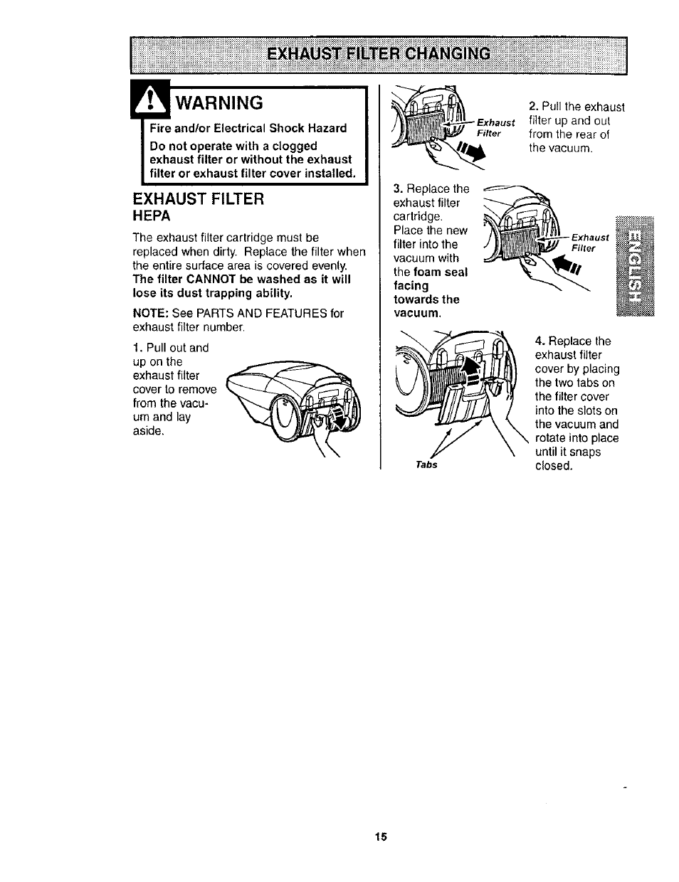 Exhaust filter changing, Warning, Fire and/or electrical shock hazard | Exhaust filter hepa | Kenmore POWER-MATE 116.24614 User Manual | Page 15 / 21