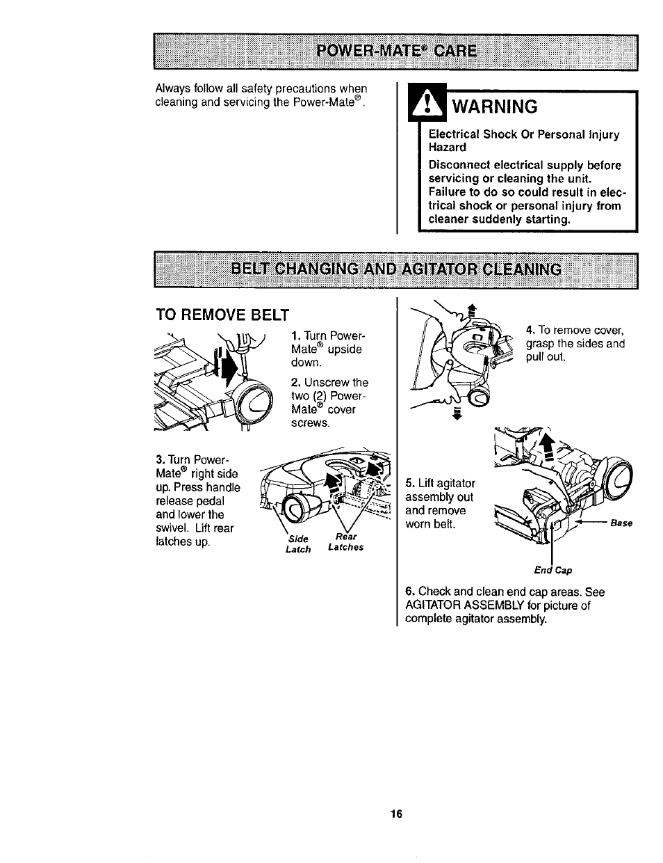 Warning, Eelt chamowg and agitatoh cleaning, To remove belt | Kenmore POWER-MATE 116.24614 User Manual | Page 16 / 21