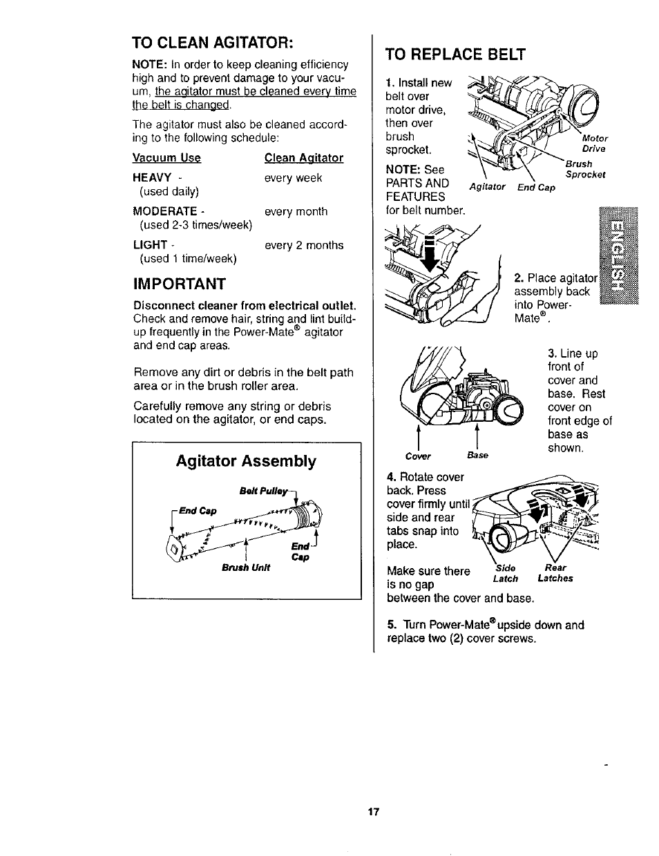 To clean agitator, Important, To replace belt | Kenmore POWER-MATE 116.24614 User Manual | Page 17 / 21