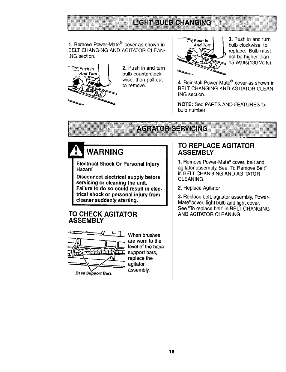 Light bulb changing, Agitator servicing, Warning | Electrical shock or personal injury hazard, To check agitator assembly, To replace agitator assembly, Light bulb changing agitator servicing | Kenmore POWER-MATE 116.24614 User Manual | Page 18 / 21