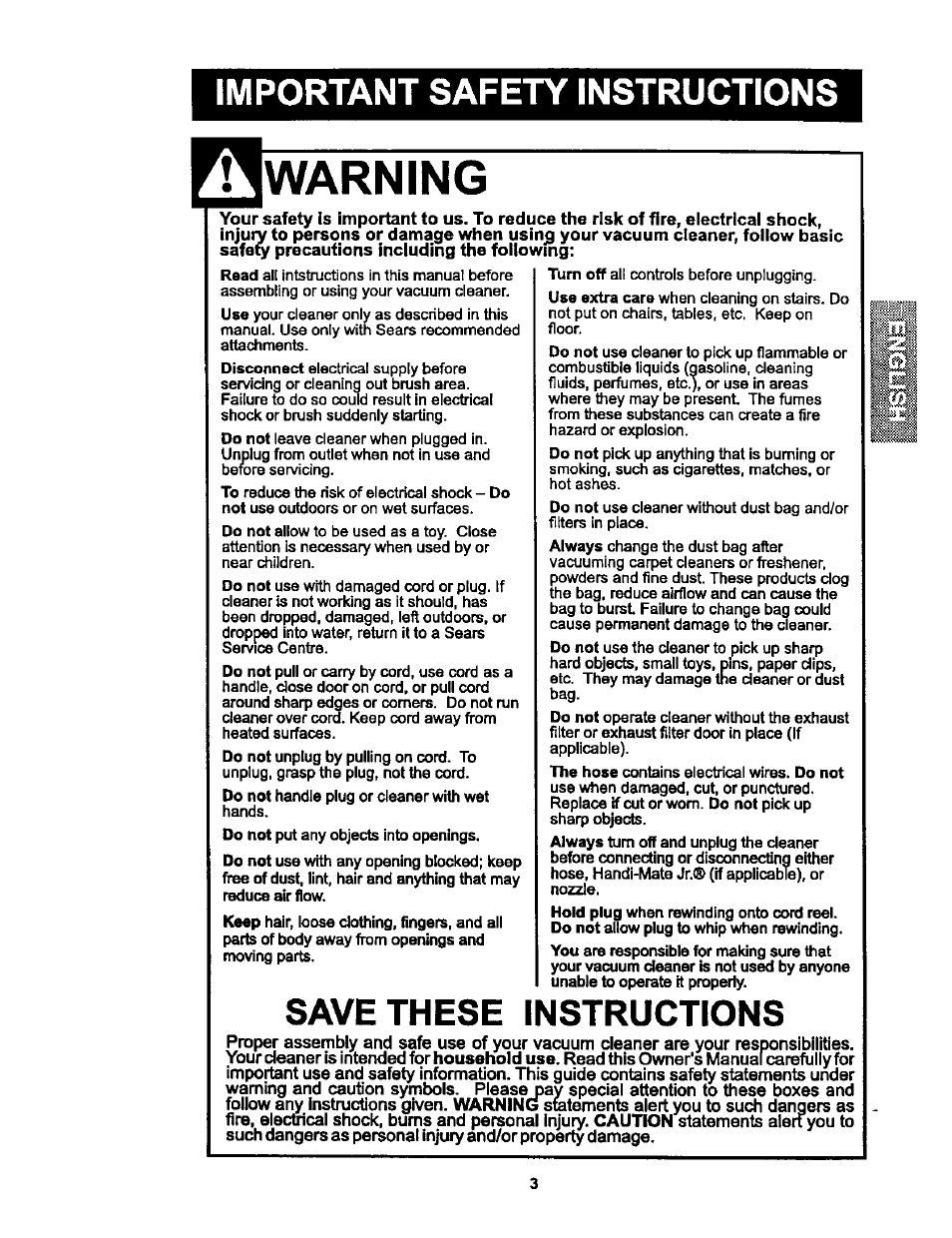 Warning, Important safety instructions, Save these instructions | Kenmore POWER-MATE 116.24614 User Manual | Page 3 / 21