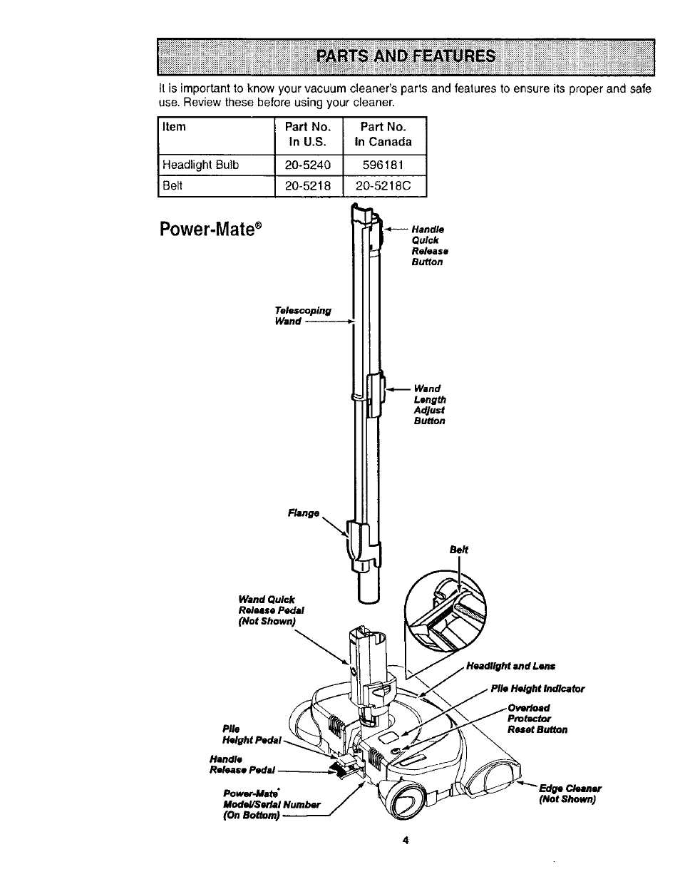 Parts and features, Parts and features -5, Power-mate | Kenmore POWER-MATE 116.24614 User Manual | Page 4 / 21
