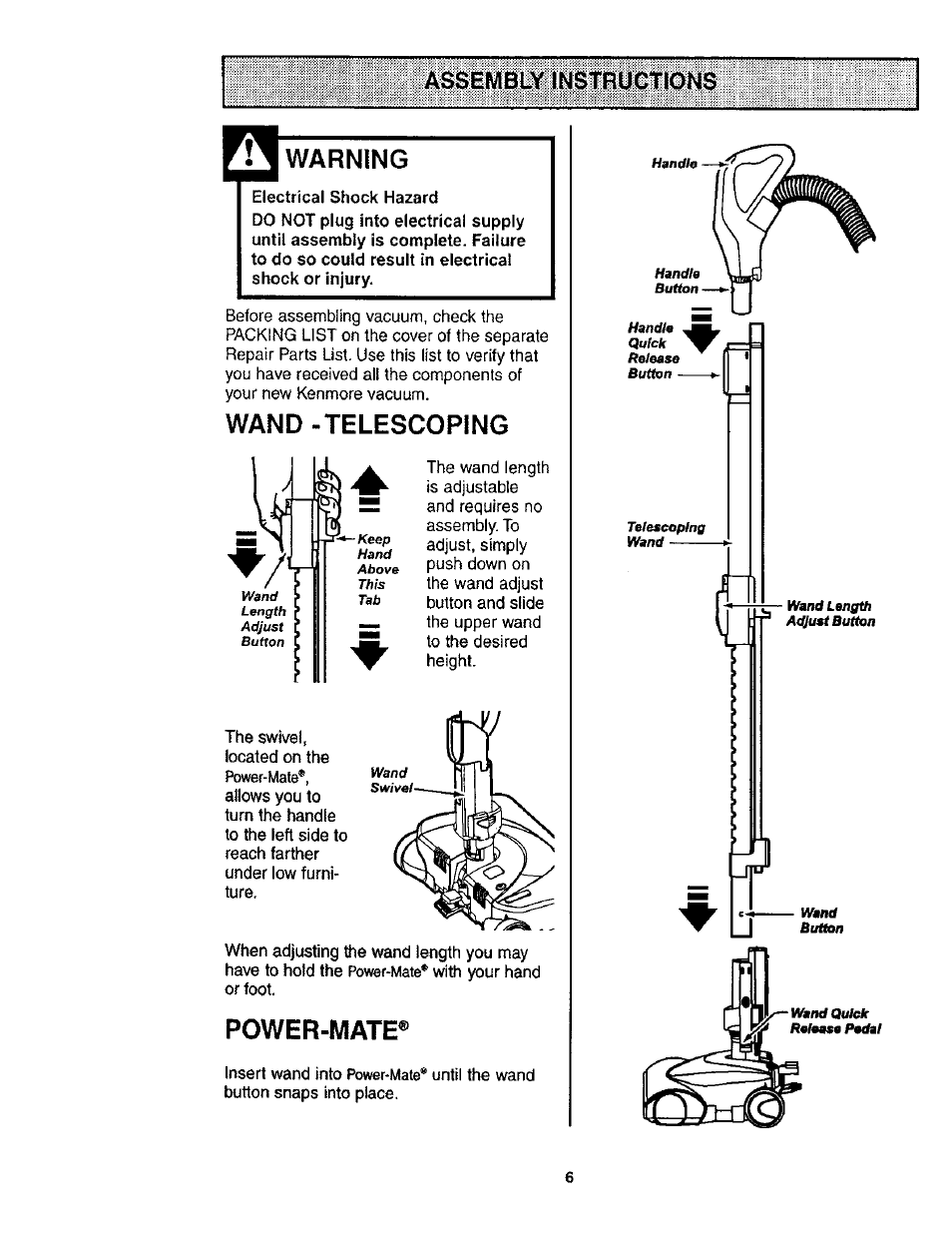 Assembly instructions, Warning, Wand -telescoping | Assembly instructions -7, Power-mate | Kenmore POWER-MATE 116.24614 User Manual | Page 6 / 21