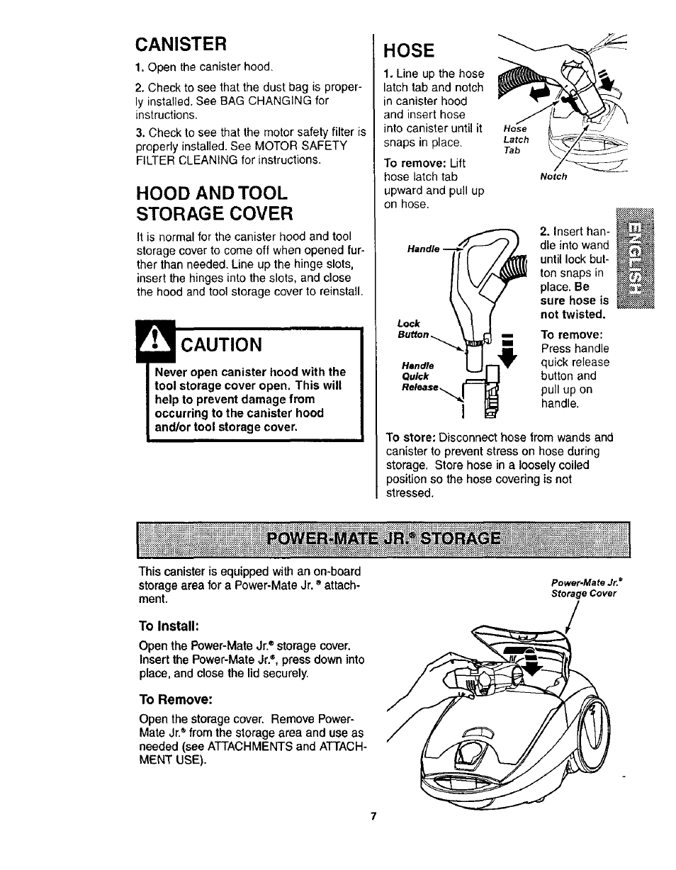 Canister, Hood and tool storage cover, Caution | Hose, Power-mate storage, Power-mate jr.* storage | Kenmore POWER-MATE 116.24614 User Manual | Page 7 / 21